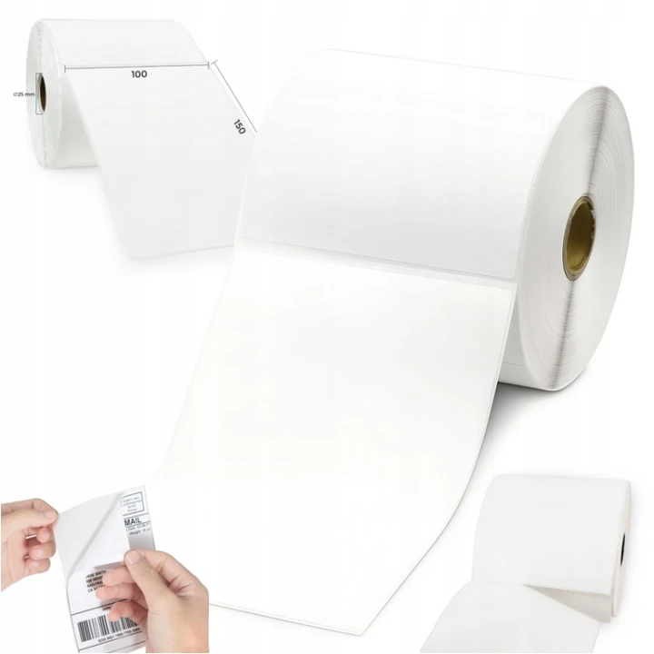 Rolle-mit-Thermotransfer-Etiketten-(100 × 150 mm)-für Kurierdrucker-selbstklebende-Versandetiketten-für-Frachtbriefe.