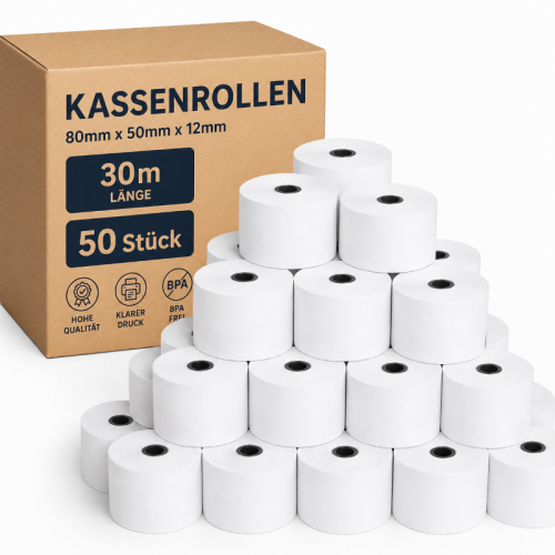 Thermorolle-80×50×12 mm-30m-Kassenrolle-50Stück